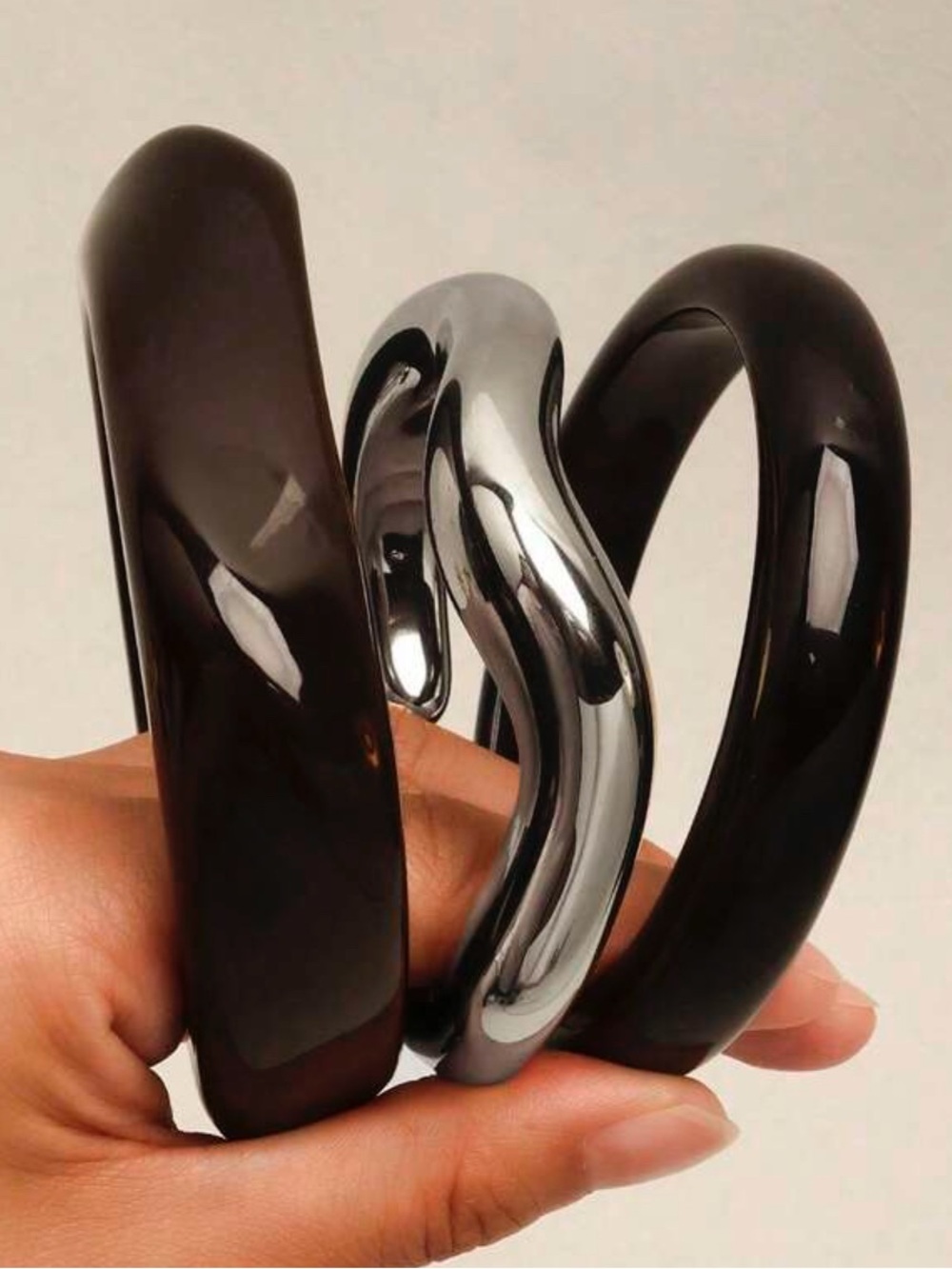 3Pcs Black and Silver Bracelet Set - Contemporary Chunky Bangles